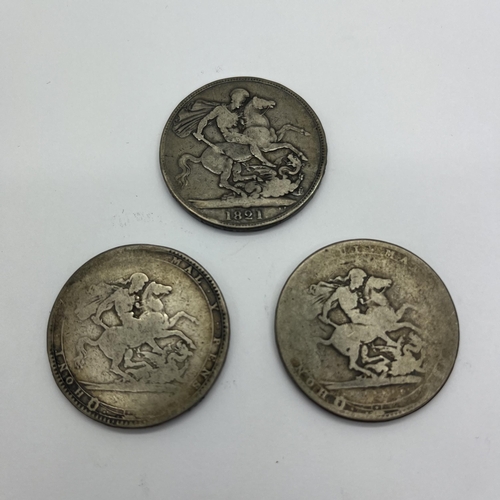 367 - Three Well Circulated XIX Century Silver Crowns, 1821 George IV and Two George III, dates worn.