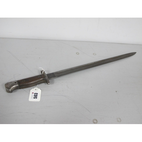 503 - WWII Era British Army Pattern 1907 Bayonet, with steel pommel, wood grips, muzzle ring, straight ful... 