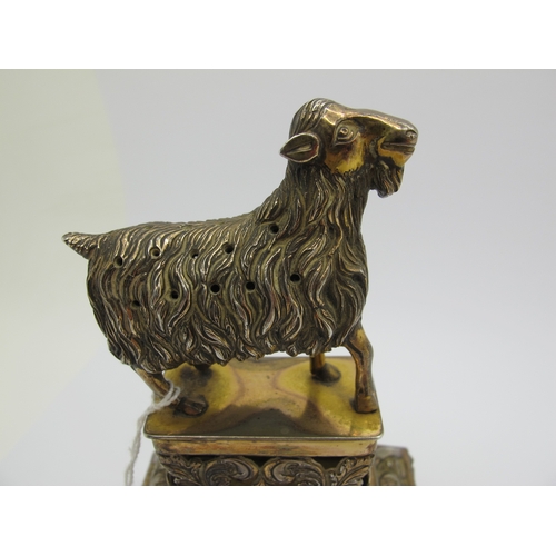 40 - A Portuguese XIX Century Novelty Tooth Pick Stand, modelled as a long haired goat, raised on leaf sc... 