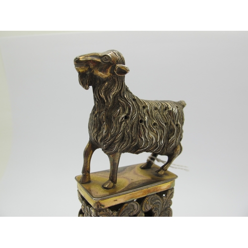 40 - A Portuguese XIX Century Novelty Tooth Pick Stand, modelled as a long haired goat, raised on leaf sc... 