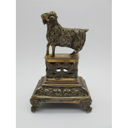 40 - A Portuguese XIX Century Novelty Tooth Pick Stand, modelled as a long haired goat, raised on leaf sc... 