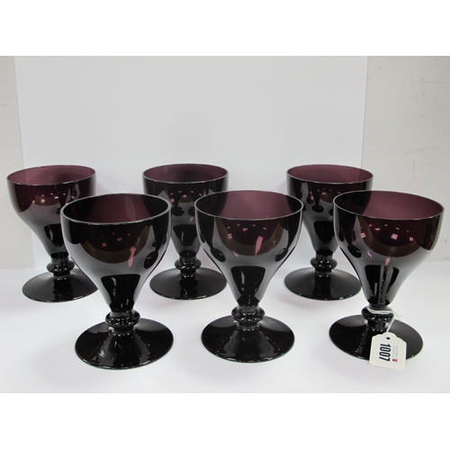 1007 - A Set of Six William Yeoward Amethyst Glass Goblets, the ogee shaped bowls raised on knopped stems a... 