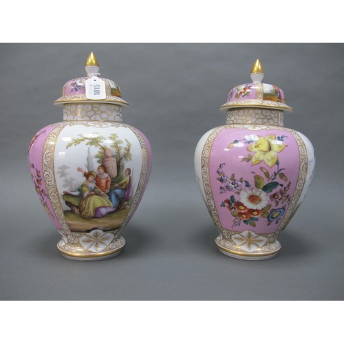 1015 - A Pair of Early XX Century German Porcelain Vases and Covers, of ovoid form decorated in alternating... 