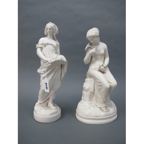 1019 - A Mid XIX Century Parian Figure of a Lady Holding a Basket of Fruit, on a rocky circular base, 35cm ... 