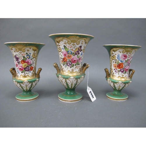 1060 - A Garniture of Mid XIX Century Porcelain Vases, of two handled campana form, painted in panels with ... 