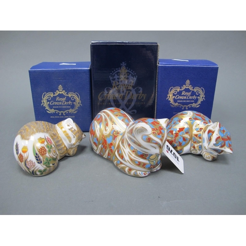 1076 - Three Royal Crown Derby Porcelain Paperweights, 'Contented Kitten', 'Contented Cat' and 'Cottage Gar... 