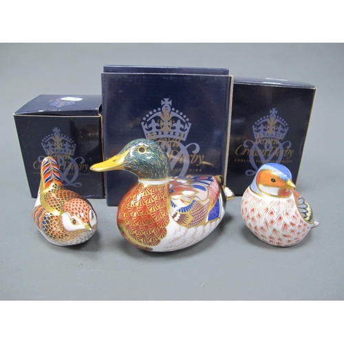 1078 - Three Royal Crown Derby Porcelain Paperweights, Mallard, Chaffinch and Wren, all gold stopper and bo... 