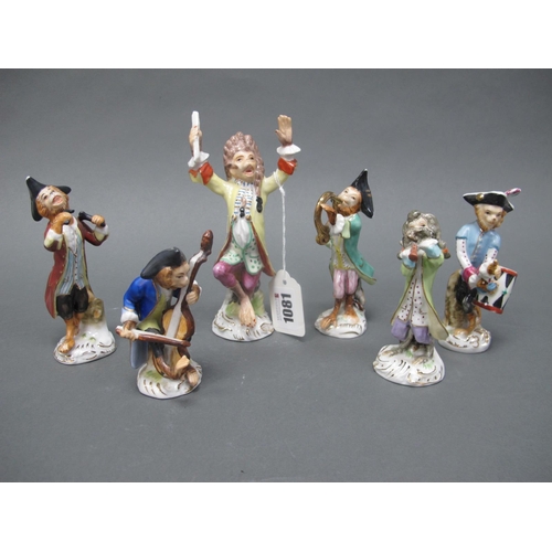 1081 - A Set of Six German Porcelain Early XX Century Monkey Band Figurines, each in colourful costume and ... 