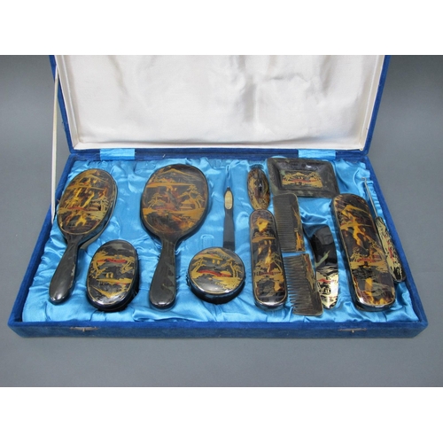 1087 - A Mid XX Century Thirteen Piece Faux Tortoiseshell Dressing Table Set, decorated with Chinoiserie st... 