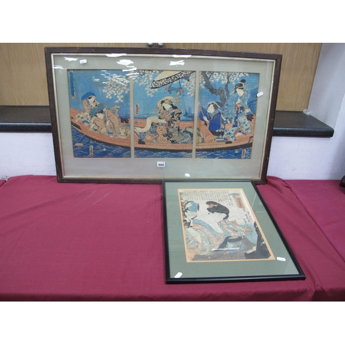 1088 - A Late XIX/Early XX Century Japanese Triptych Print, depicting ladies in a long boat, each 34 x 23cm... 