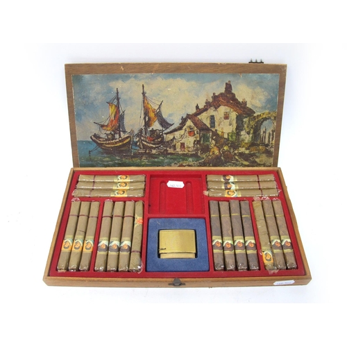 1111 - Cigars - Box of 20 Opal Cigares with Zenith Gaz Lighter No.122, wooden box lid detached.