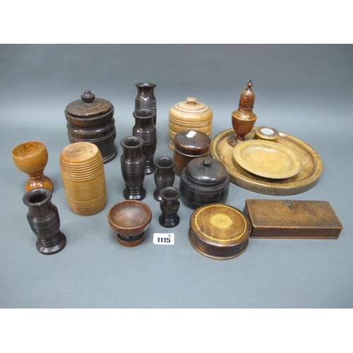 1115 - A Selection of Treen, to include: dish, boxes and screw covers, pepperette, vases, etc. (A Lot)