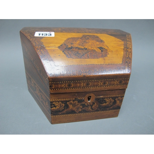 1133 - A Mid XIX Century Tunbridge Ware Stationary Box, of shaped form, the sloping lid decorated with a sp... 