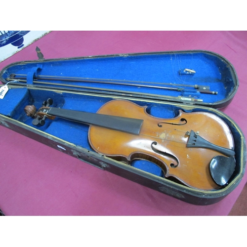 1146 - An Early XX Century Violin, with two-piece back, no label, with two bows, in case, length of back 36... 