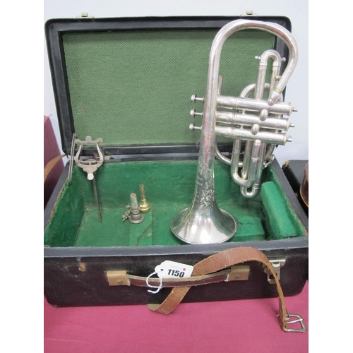 1150 - A Hawkes and Co Clippertone Excelsior Sonorous Class A Cornet, No 31870, with mouth piece, in a fitt... 