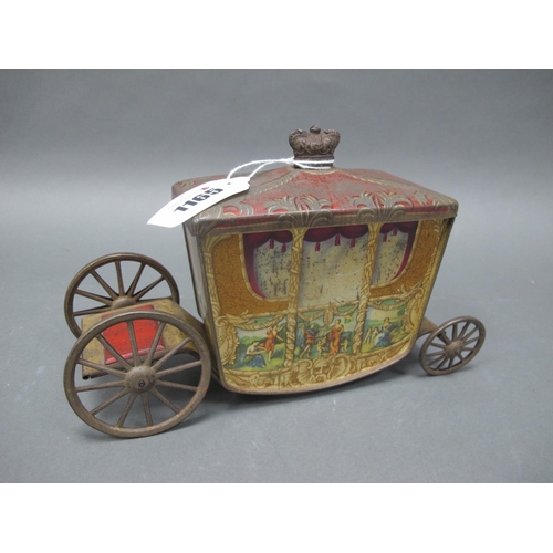 1165 - A W & R Jacob and Co Ltd Biscuit Tin in the Form of a Stagecoach, the lid with crown finial, 22cm lo... 