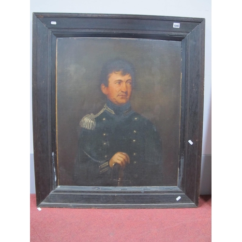 1249 - ENGLISH SCHOOL (Mid XIX Century) Portrait of a Soldier in Uniform, holding a sword, oil on canvas, u... 