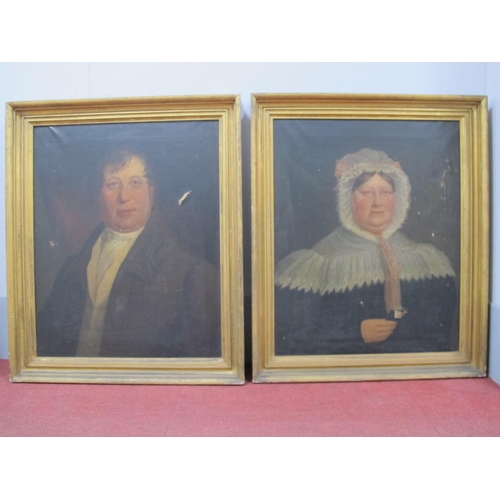 1252 - XIX CENTURY (English School) A Pair of Portraits of a Lady and Gentleman, she with lace bonnet and w... 