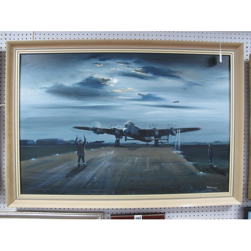 1259 - JOHN LARDER (Contemporary) *ARR Lancaster Bomber on an airfield apron, oil on canvas, signed lower r... 