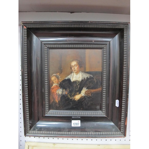 1287 - XIX CENTURY Portrait of a Lady, seated beside a girl in a panelled room, oil on board, unsigned, 22 ... 