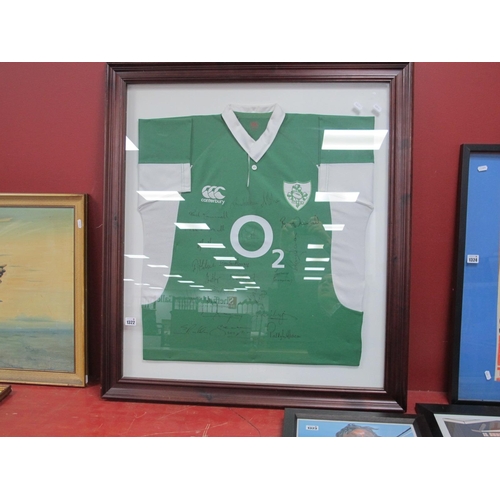 1322 - A Signed Irish Rugby Shirt 2006 Presented to Fagan's, names on verso, with certificate, framed, 81 x... 