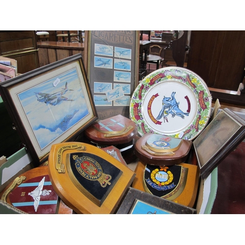 1337 - Ten Police and Regimental Mounted Shields, a pair of Falkland Islands 1982 porcelain plates, framed ... 