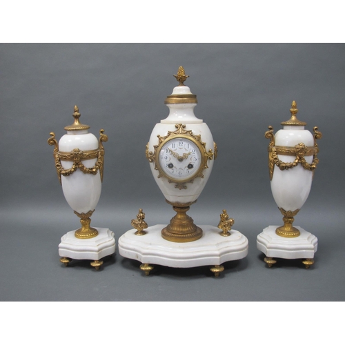 1413 - A Late XIX Century French Clock Garniture, the clock with white alabaster case with ormolu mounts, t... 