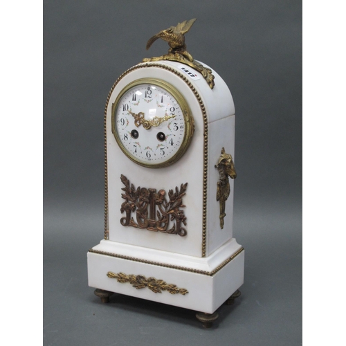 1417 - A French Mid/Late XIX Century White Marble Mantle Clock, with ormolu mounts and eagle surmount, the ... 