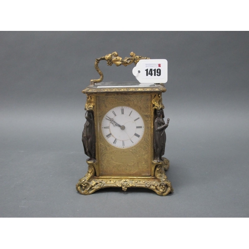 1419 - A Late XIX Century French Gilt Metal Carriage Clock, elaborately cast with vines and foliage, the co... 