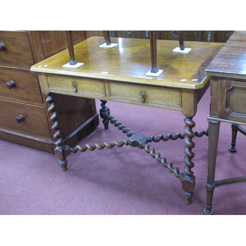 1452 - A XX Century Walnut Side Table, with diamond veneered top and moulded edge, two small drawers on bar... 