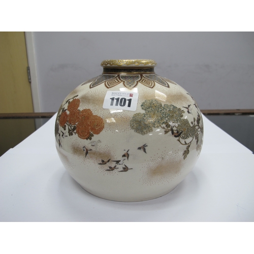 1101 - A Japanese XIX Century Pottery Satsuma Vase, of globular form painted with chrysanthemums and birds ... 