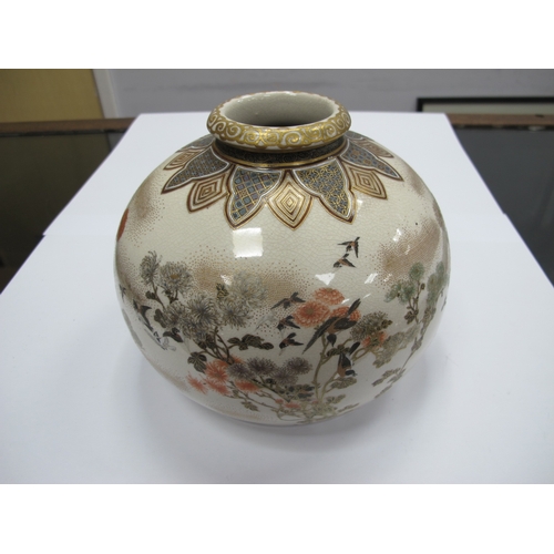 1101 - A Japanese XIX Century Pottery Satsuma Vase, of globular form painted with chrysanthemums and birds ... 