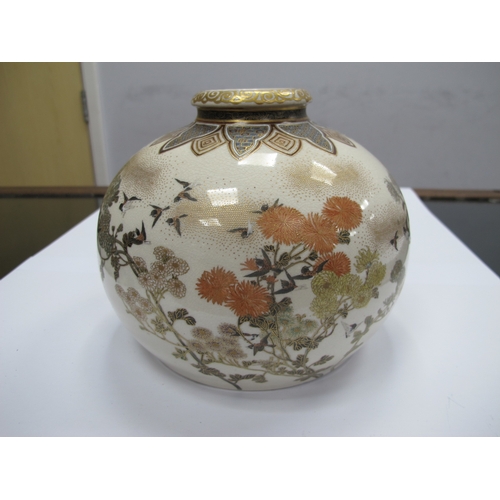 1101 - A Japanese XIX Century Pottery Satsuma Vase, of globular form painted with chrysanthemums and birds ... 