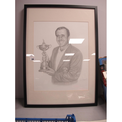 133 - Golf - Seve Ballesteros Pencil Drawing by K.A Fearn, showing him with Ryder Cup, framed, overall 73 ... 