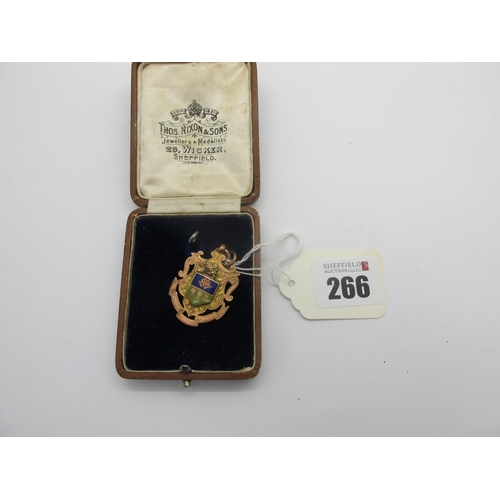 266 - Medal 1908, in 9ct gold and enamel 9.8g total weight,, featuring Sheffield Sheaf Crest, the reverse ... 