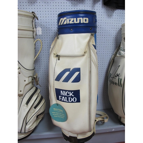 27 - Golf - Nick Faldo White and Blue Mizuon Golf Club Bag, bearing his name.