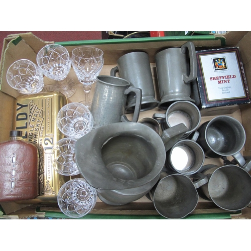 1028 - Pewter Mugs, a set of six Whitefriars wine glasses, decanter, etc:- One Box.