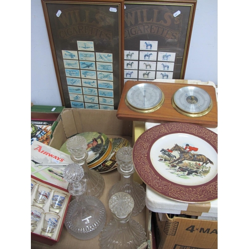 1049 - Pressed Glass Decanters, cabinet plates, a set of six jet airline glasses (boxed), framed cigarette ... 