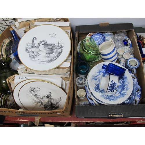 1050 - Doulton, Wedgwood and Other Ceramic Plates, blue and white pottery, glassware, etc:- Two Boxes.