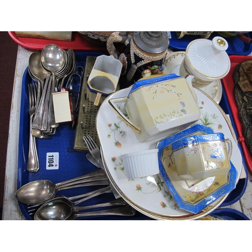 1104 - Cutlery, brass, crib board German Stein, music box,