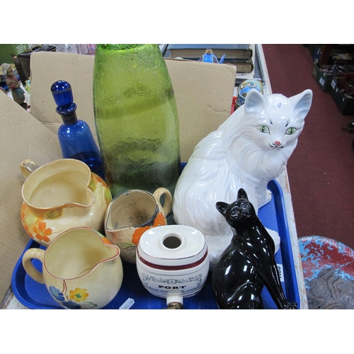 1105 - Two Model Cats, decanter, crackle green glass vase, 31cm high, 1930's jugs etc:- One Tray.