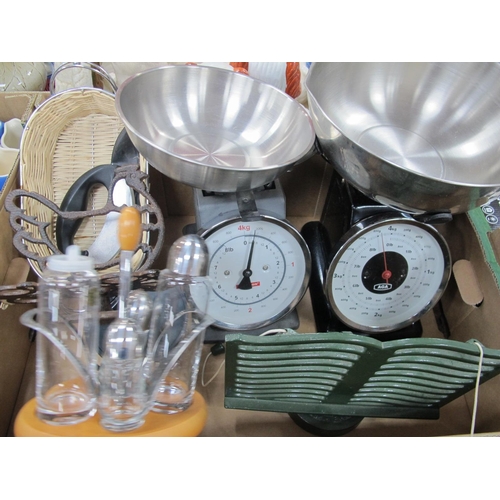 1113 - Aga & Typhoon Scales, iron egg stand, condiment trivet, other kitchenware:- One Box.