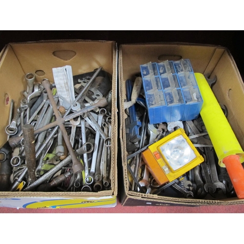 1149 - Tools - spanners, monkey wrenches, trowel, spanner, wheel spider, etc:- Two Boxes.