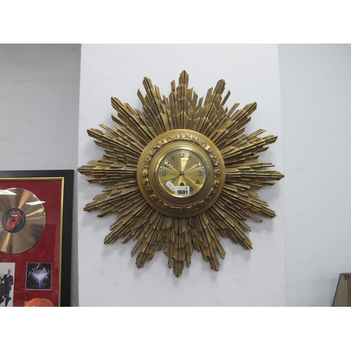 1601 - Gilt Wooden Sunburst Framed Wall Clock, with cracked glass door, 49.5cm diameter.