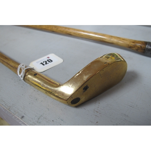 120 - Golf - Corinthian brass headed putter with perforated base and hickory shaft.