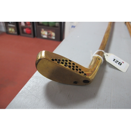 120 - Golf - Corinthian brass headed putter with perforated base and hickory shaft.