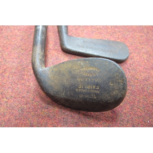 127 - Golf Clubs - All hickory shafted, J H Bates Flempton, Fairlie, Mashie, Mid Iron, Smith Monifieth dri... 