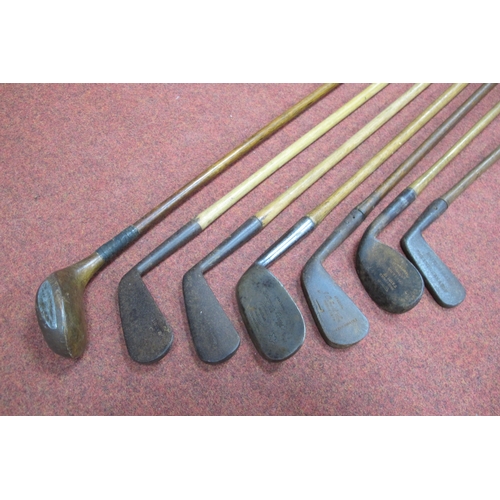 127 - Golf Clubs - All hickory shafted, J H Bates Flempton, Fairlie, Mashie, Mid Iron, Smith Monifieth dri... 