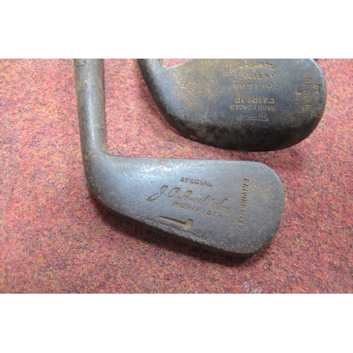 127 - Golf Clubs - All hickory shafted, J H Bates Flempton, Fairlie, Mashie, Mid Iron, Smith Monifieth dri... 