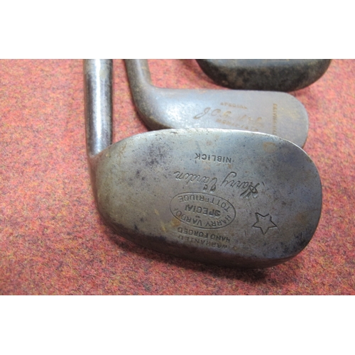 127 - Golf Clubs - All hickory shafted, J H Bates Flempton, Fairlie, Mashie, Mid Iron, Smith Monifieth dri... 